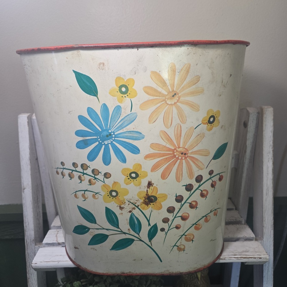 Vintage Antique Floral Metal Red White Trash Can Patina Wear Cottage Core